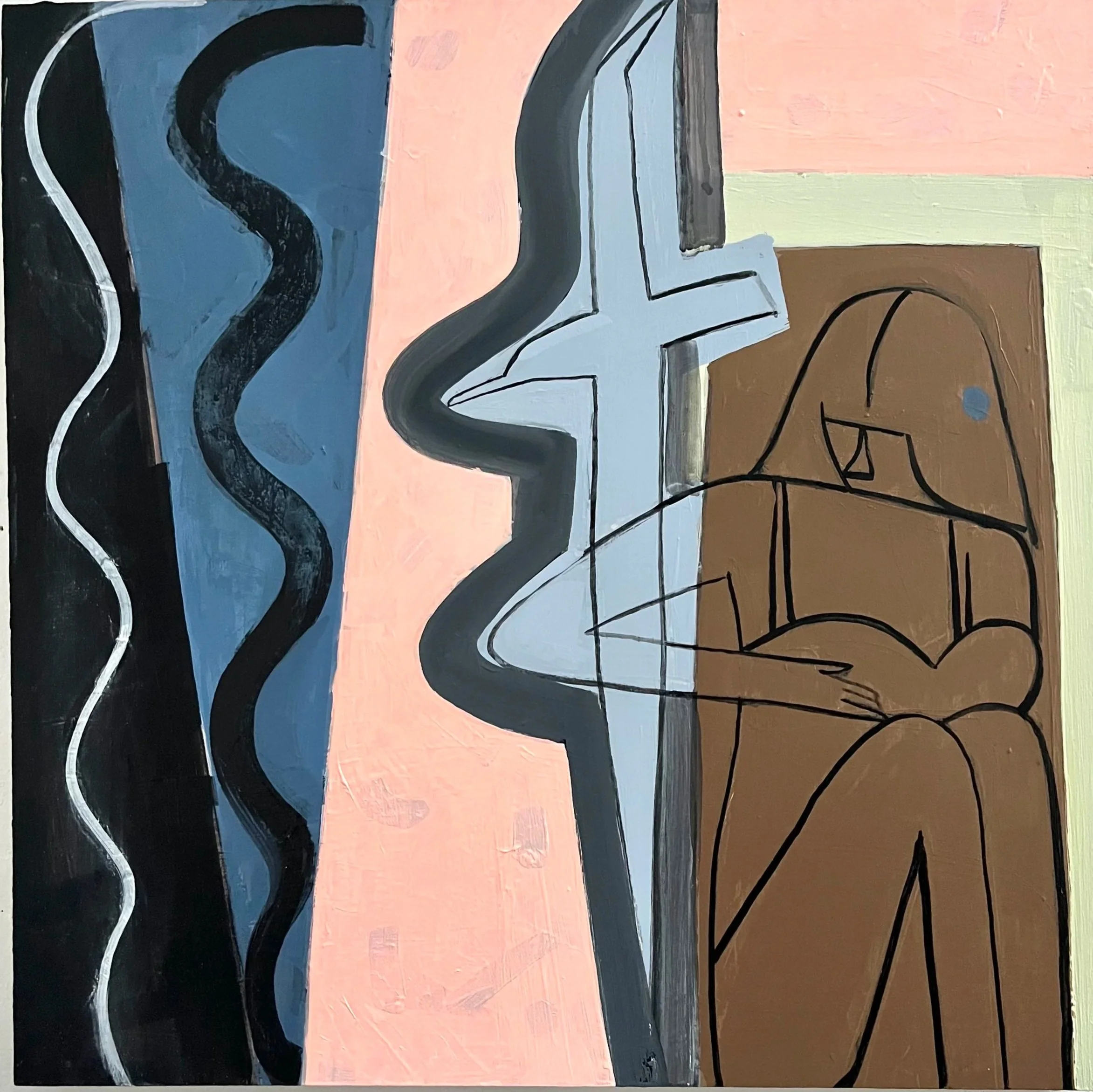 Seaside with Figure and Bird  24" x 24" Flashe, Acrylic on fabric and wood, 2026