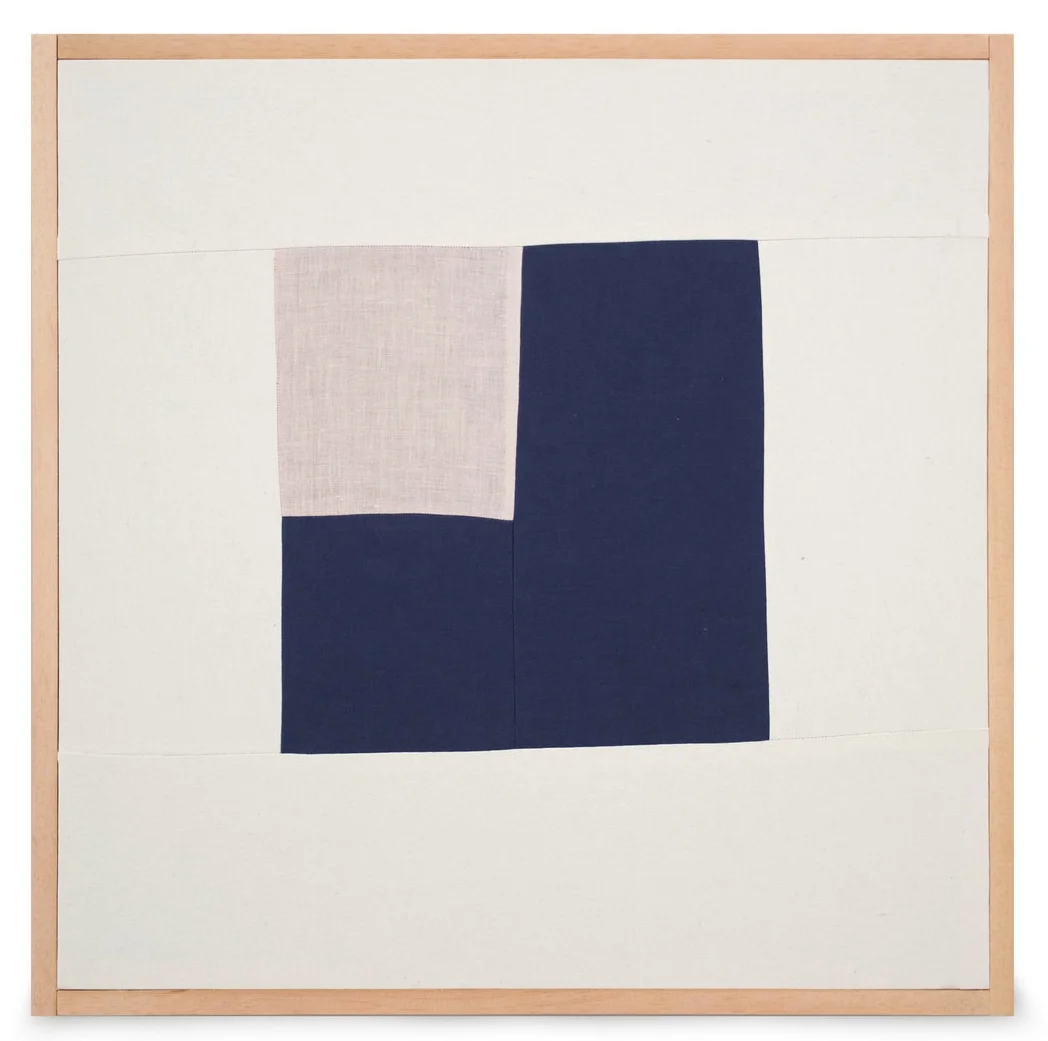 spending the night in a different bed XII quilted linen and canvas, pine and brass brad frame 25.75" x 25.75"