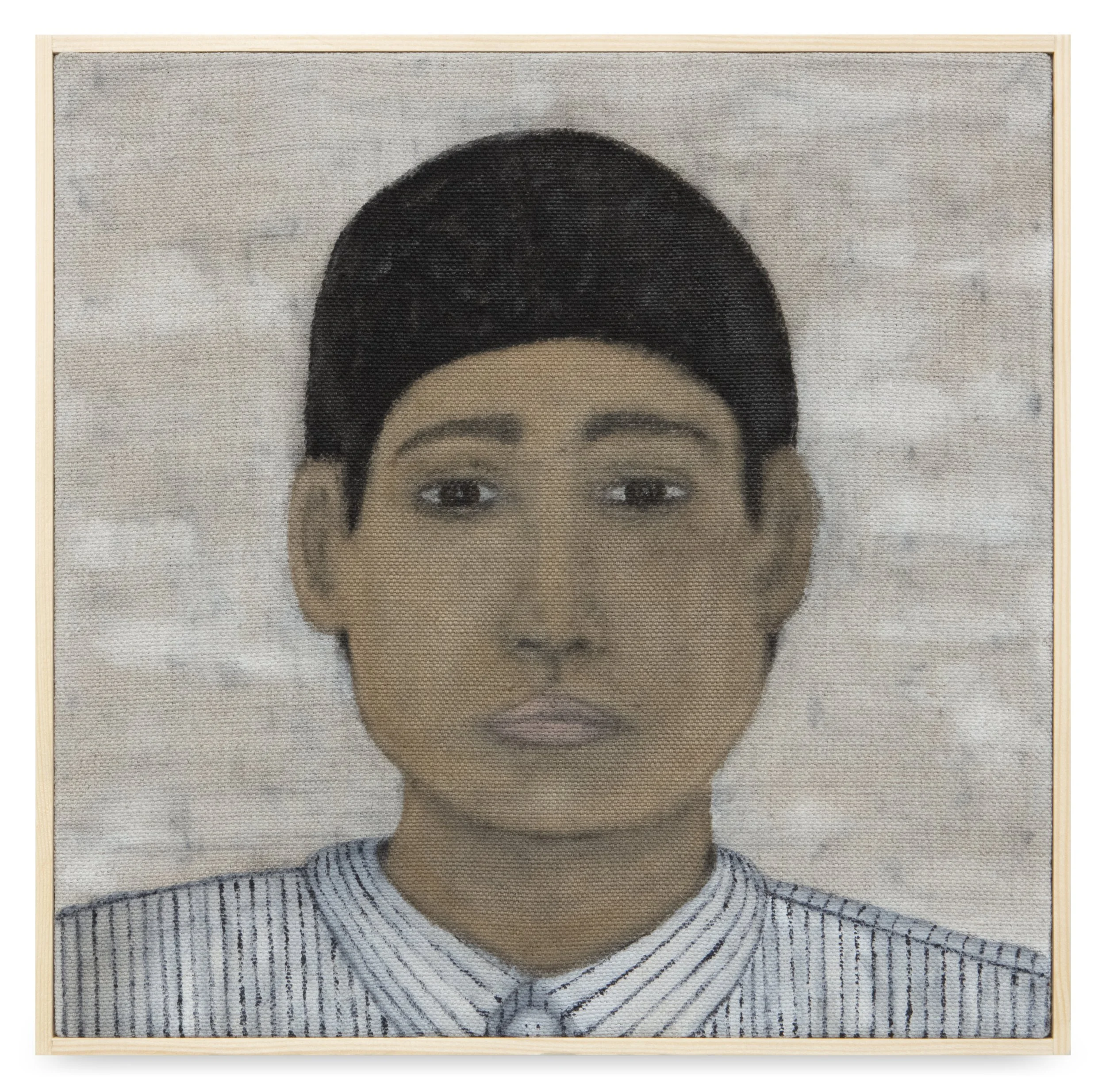  lost in the logistics  acrylic and charcoal on linen, pine and brass brad frame  14.5” x 14.5” 