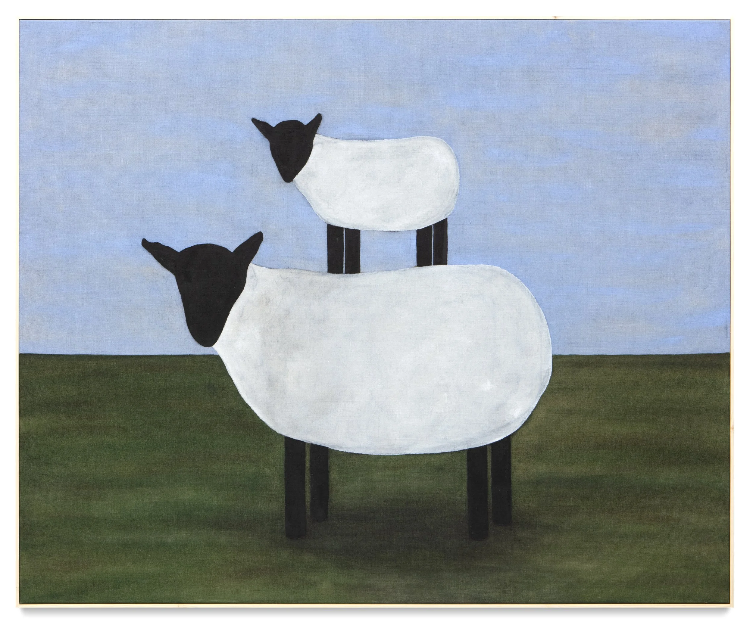  sheep (spring in wales)  acrylic and charcoal on linen, pine and brass brad frame  44” × 54” 