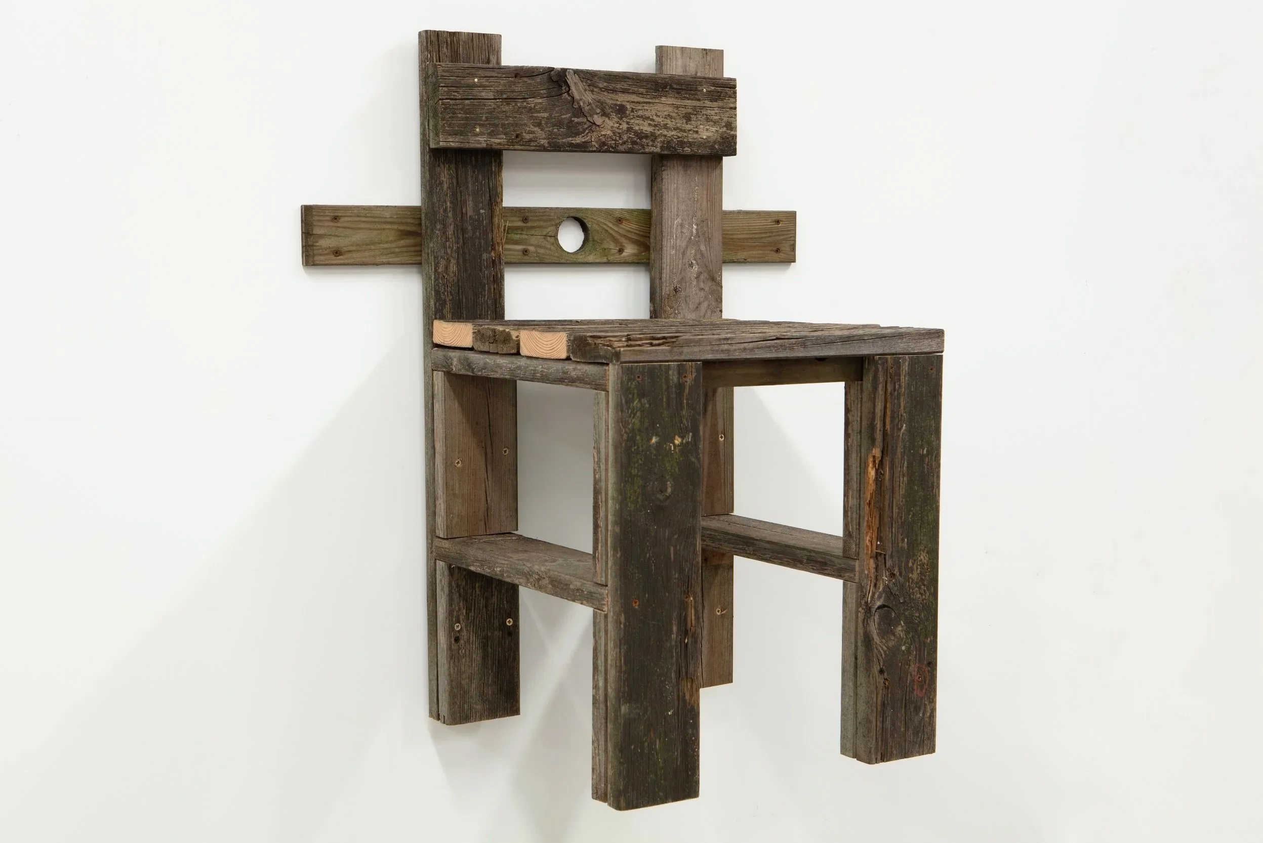  from top to bottom (and vice versa)  rotten picnic table wood, screws, brass brads  30” x 25” x 16” 