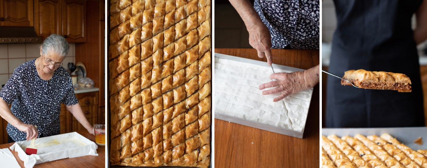 One of our family’s most celebrated recipes is Yiayia Marina’s Baklava and we are so excited to share it with you. She’s been making it the same way for over 60 years and it continues to make an appearance at every family gathering, large or small. We hope that making it and eating it brings you the same joy that it does for our family. Our family’s recipe is for a large sized tray, enough to make 100 tiny bite sized serves, or 25 larger dessert sized portions. We’ve used a tray measuring 42cm by 24cm.