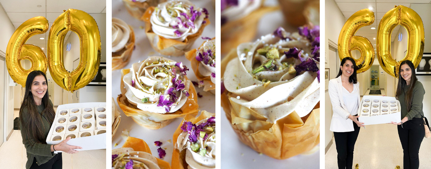 We recently commissioned the help of the very talented Mary from  Mary’s Kouzina  to create some edible gifts for our staff, as part of our 60th birthday celebrations. Mary created these beautiful and very delicious Baklava Cupcakes which our entire team devoured in seconds! Mary used layers of Fillo Pastry as a cupcake patty, which she then filled with the most delicious cinnamon and walnut flavoured cake and topped them with a creamy salted Swiss meringue buttercream. We guarantee once you’ve made these once, they will be on repeat!