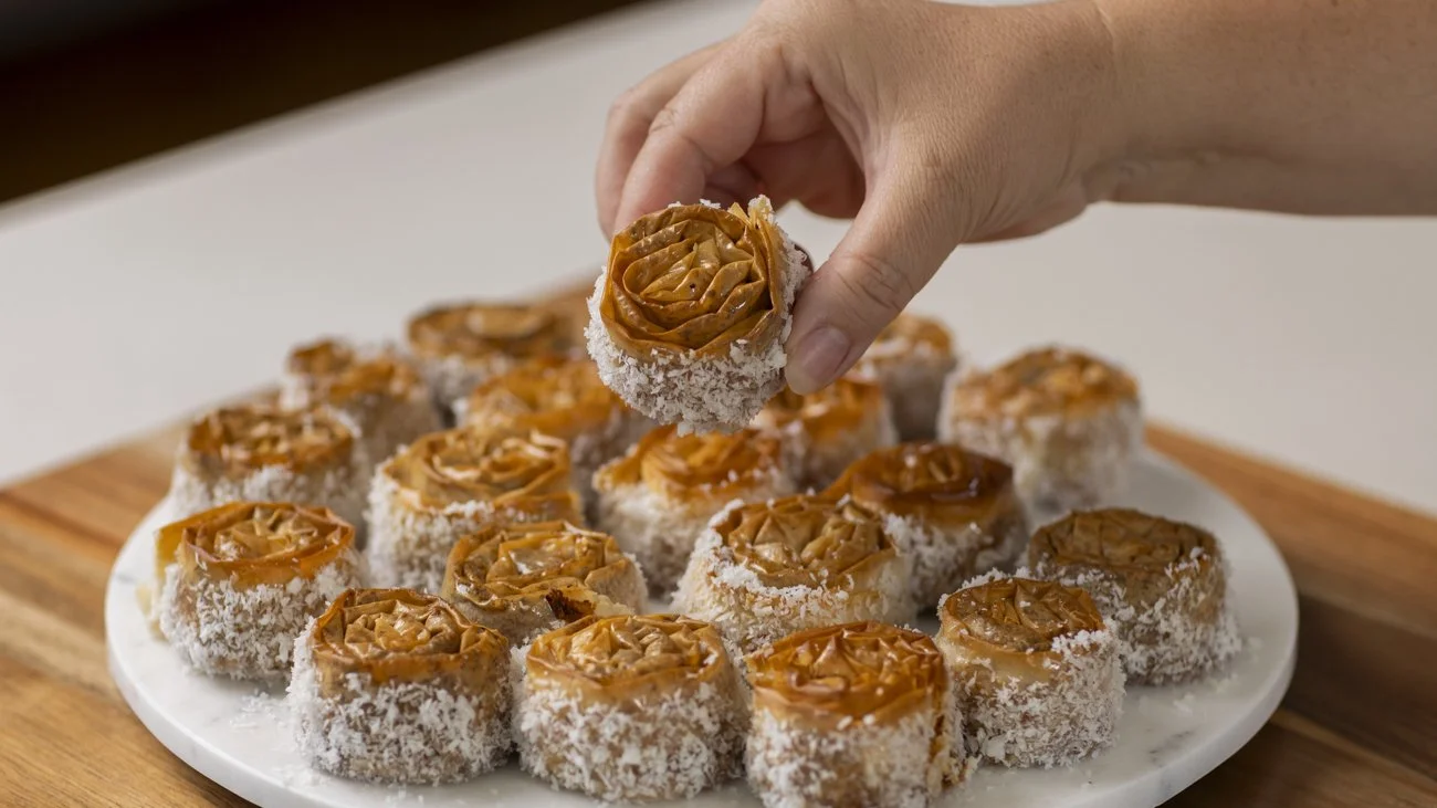 Coconut Baklava Roses with Vanilla Bean Syrup