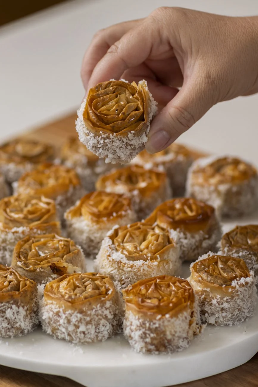 coconut baklava roses with vanilla bean syrup