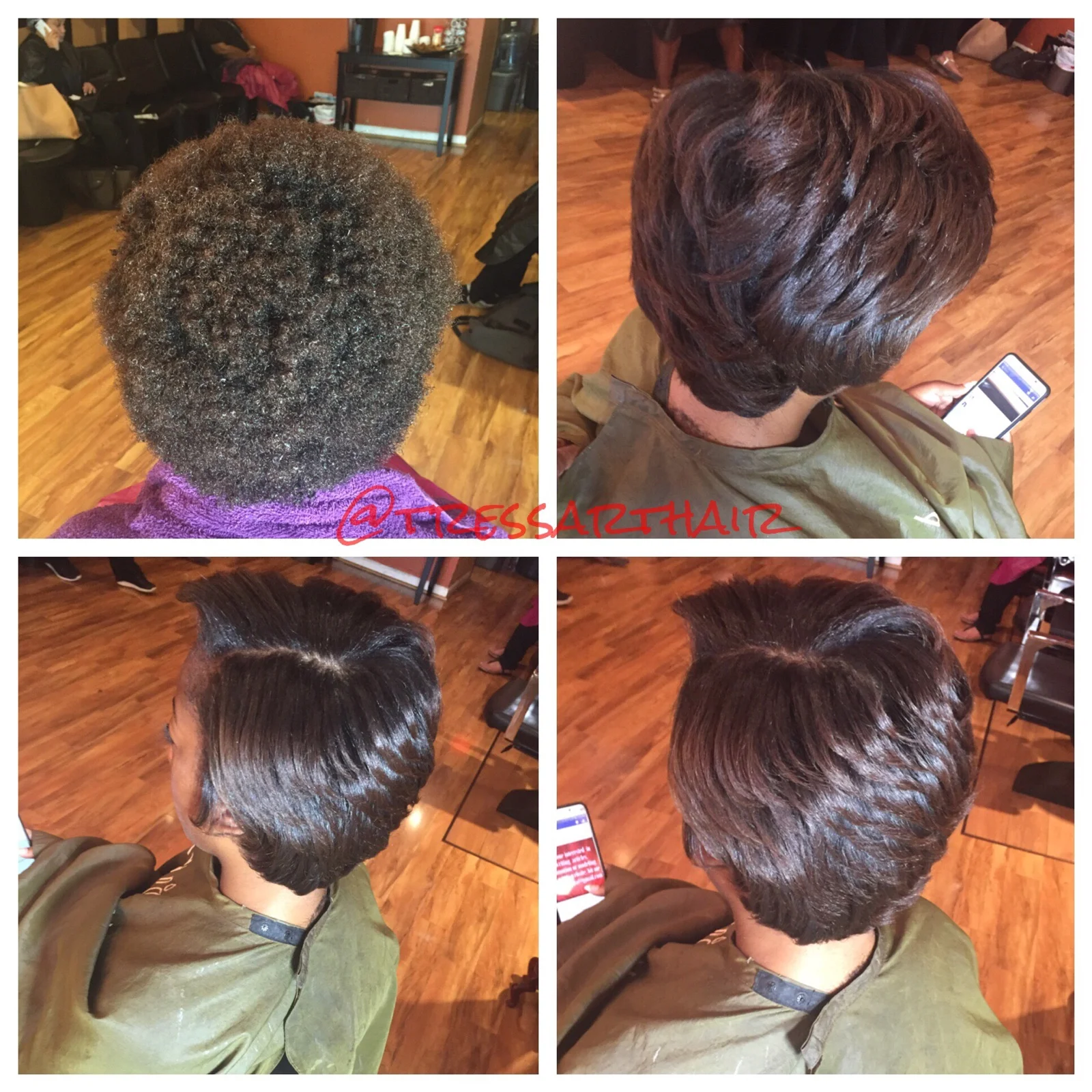 Natural hair. Silk press.Trimmed. Titanium curled. Saran wrapped