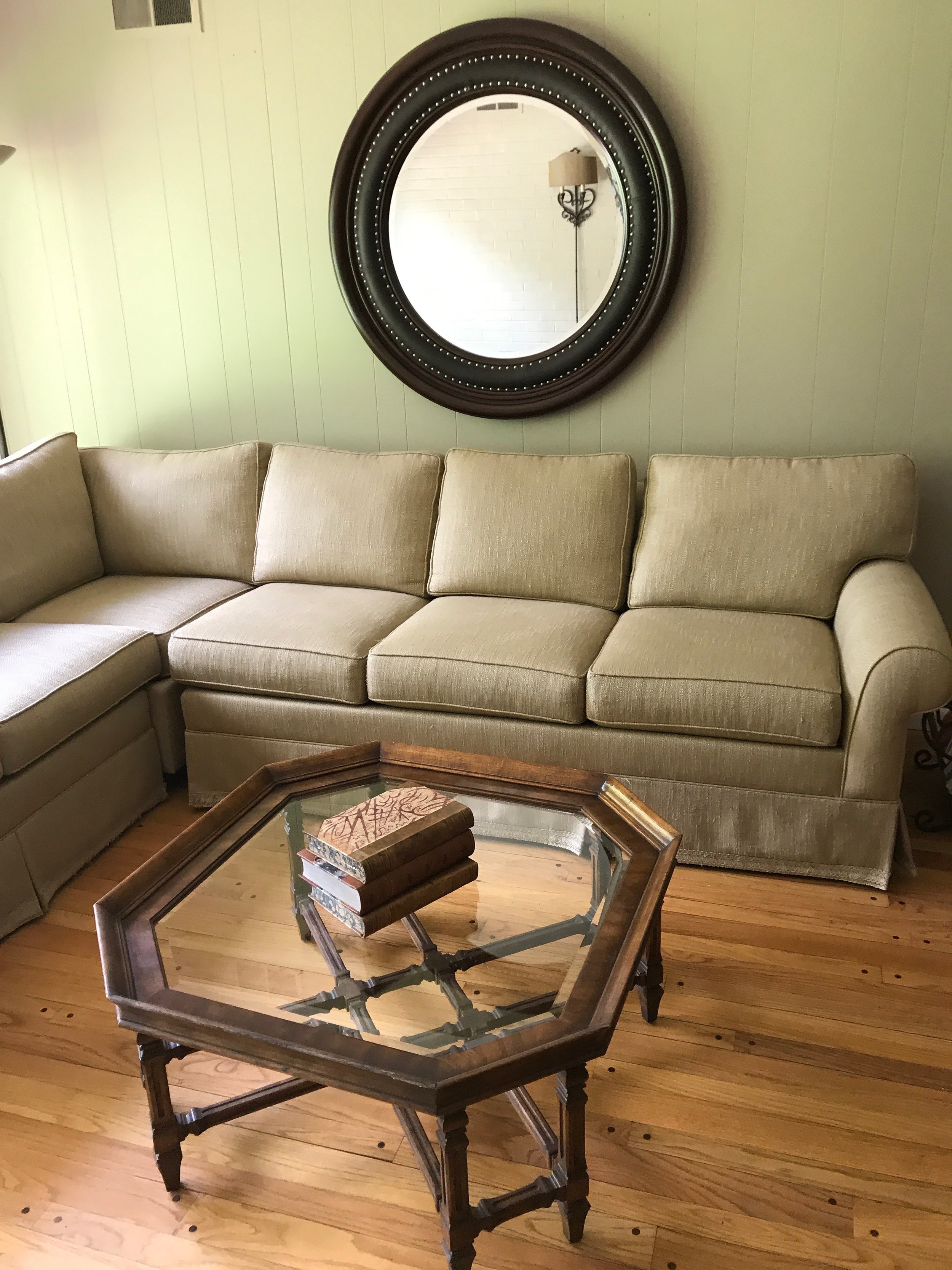 Ethan Allen sectional, Drexel Heritage coffee table, large wood and leather mirror