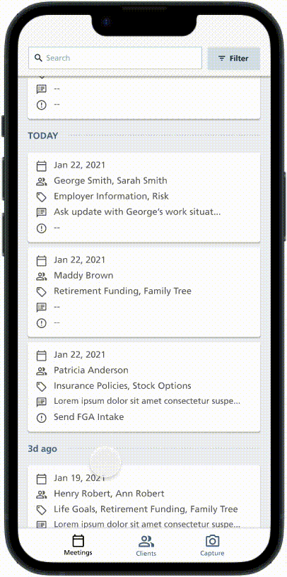 Quick Review for today's meeting topics and previous notes, Family Tree, CRM information.