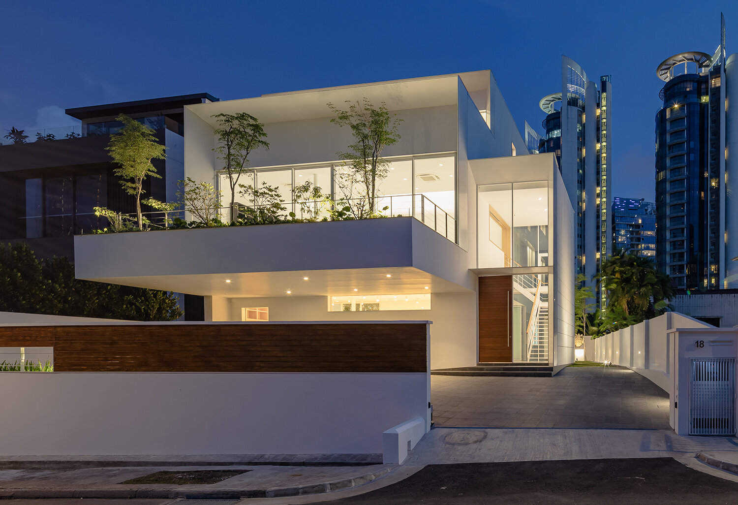 Main facade of Hilltop at night