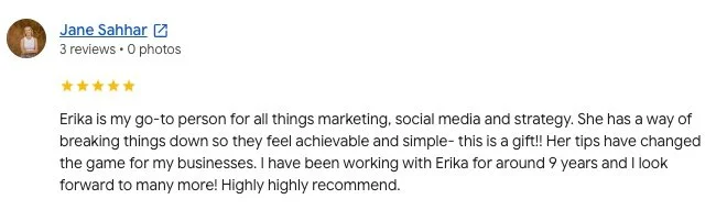 Screenshot of a Yelp review for Jane Sahhar praising Erika for marketing, social media, and strategy skills.