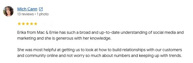 Screenshot of a customer review from Mich Cann praising Erika for her social media and marketing expertise, highlighting her helpfulness and knowledge.