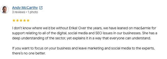 Screenshot of a customer review for Erika by Andy McCarthy on a business review website, praising her support on digital media and SEO.