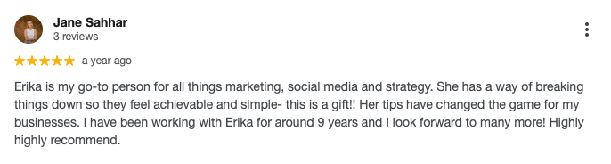 Jane describes a 5-star experience with Erika McInerney after 9 years working together.
