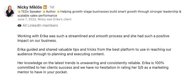 LinkedIn profile post by Nicky Miklós featuring a headshot and professional bio about working with Erika on business growth and marketing insights.