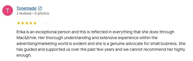 Screenshot of a positive review of Erika on Google, praising her expertise and support in advertising and marketing.