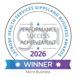 Award badge for the Latrobe Health Services Gipsland Business Awards 2026, featuring text: 'Performance Success Achievement,' with purple and blue stars, and a purple banner at the bottom labeled 'Winner Micro Business.'