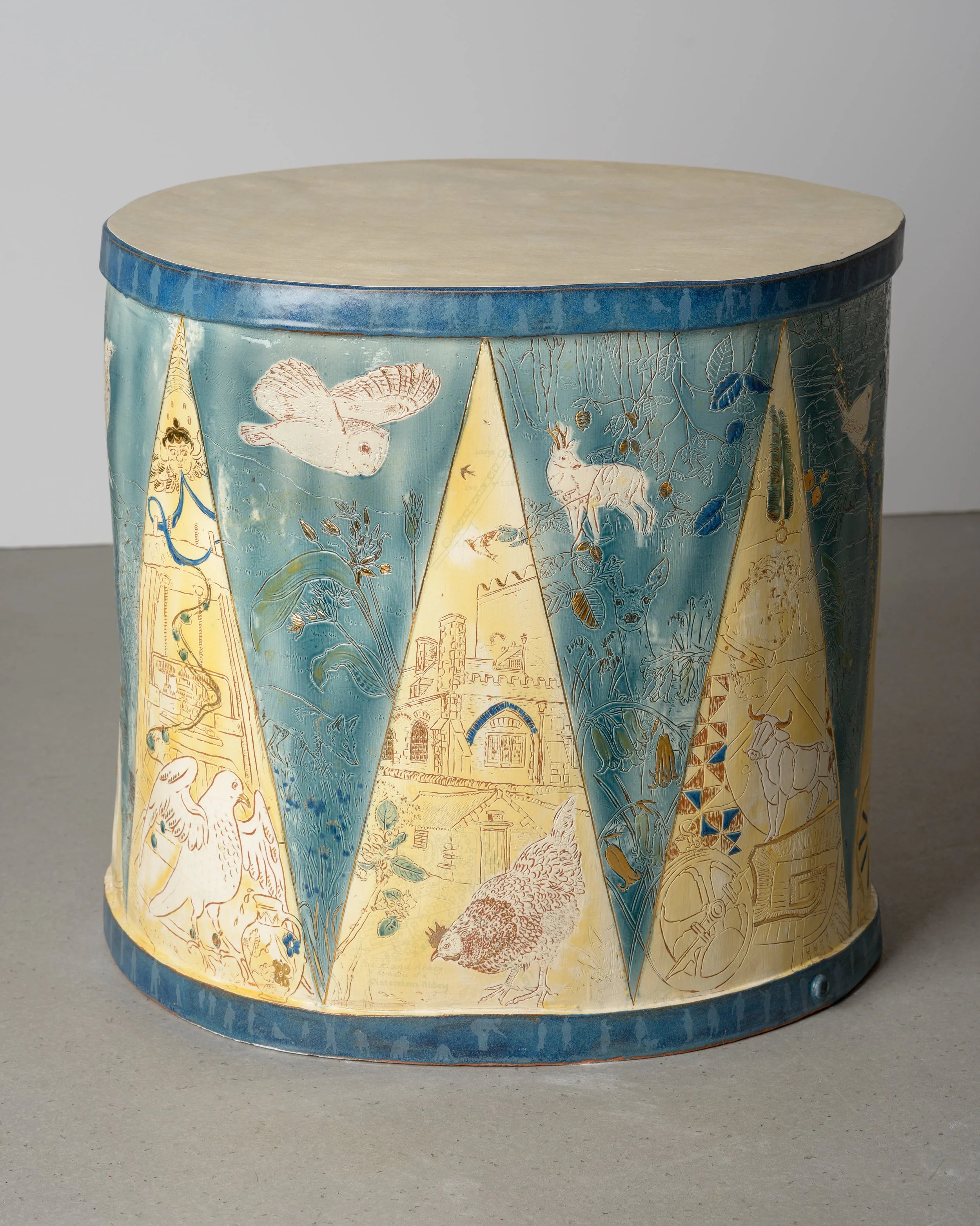 A World Encompassed. Handbuilt Illustrated Ceramic Drum. 60cms x 60 cms Photo credits Helge Mruck