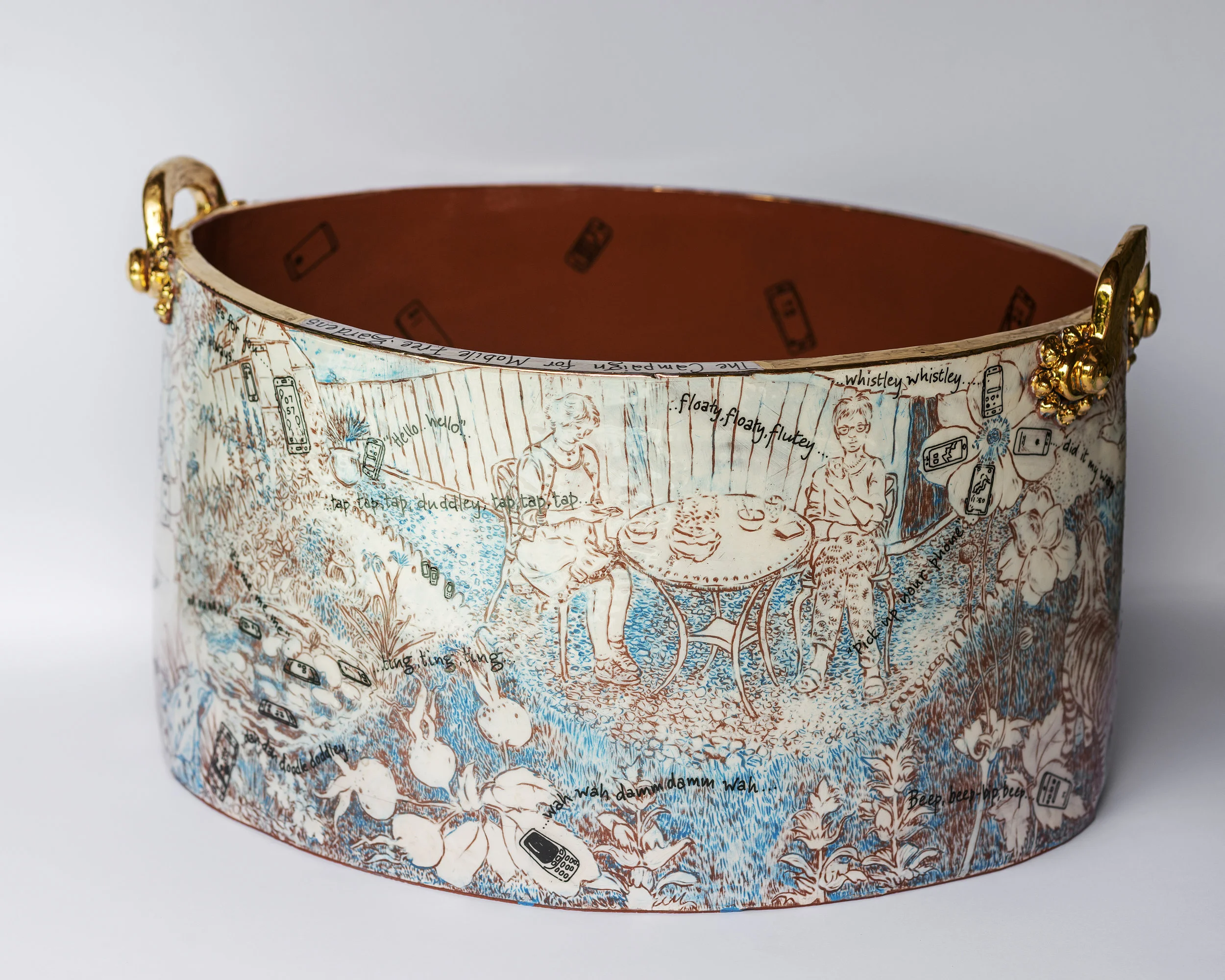 The Campaign for Mobile Free Gardens, Handbuilt planter, sgraffito with screen printed ceramic transfers.