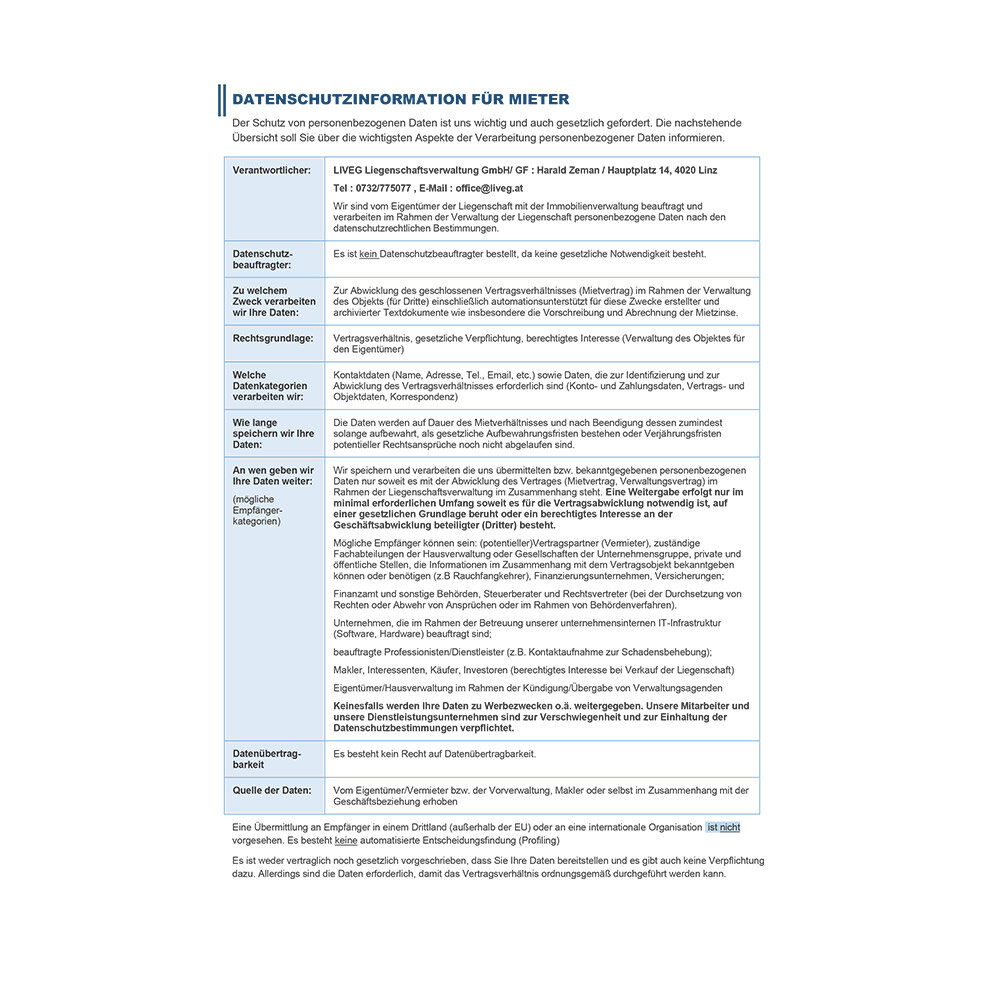 Datenschutzinformation für Mieter