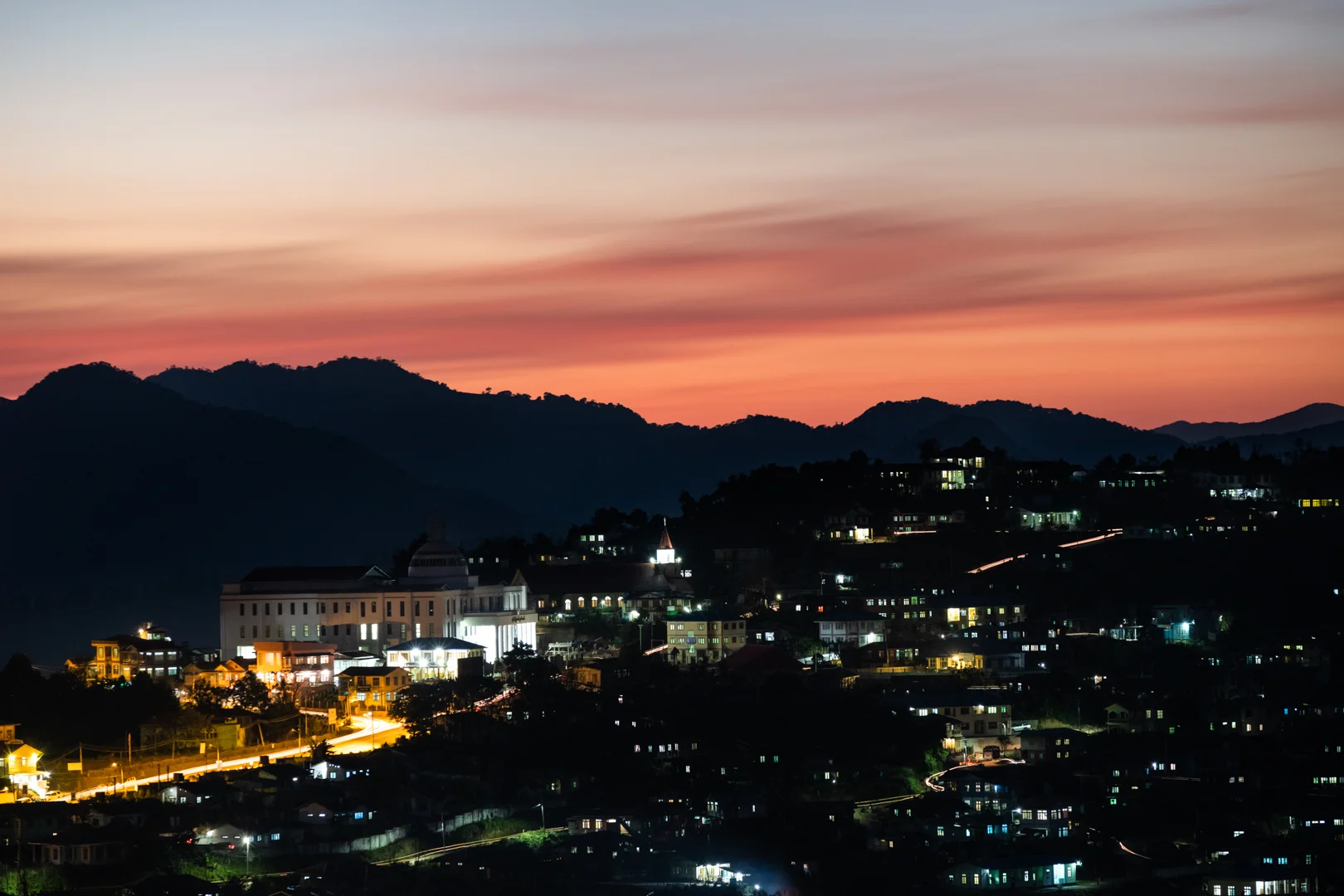Sunset over Hakha government buildings