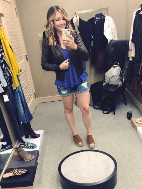 hinge leather bomber | blanknyc shorts | fab'rik slip on wedges | fab'rik peplum top | wearing a size small for reference