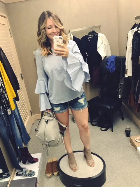 bell sleeve top | blanknyc shorts | vince camuto bootie | rebecca minkoff bag | wearing a small in the top for reference