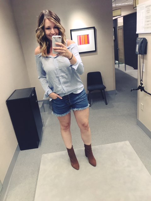 Treasure & Bond shirt | fab'rik shorts (mine are no longer available, but these are similar ) | stuart weitzman booties