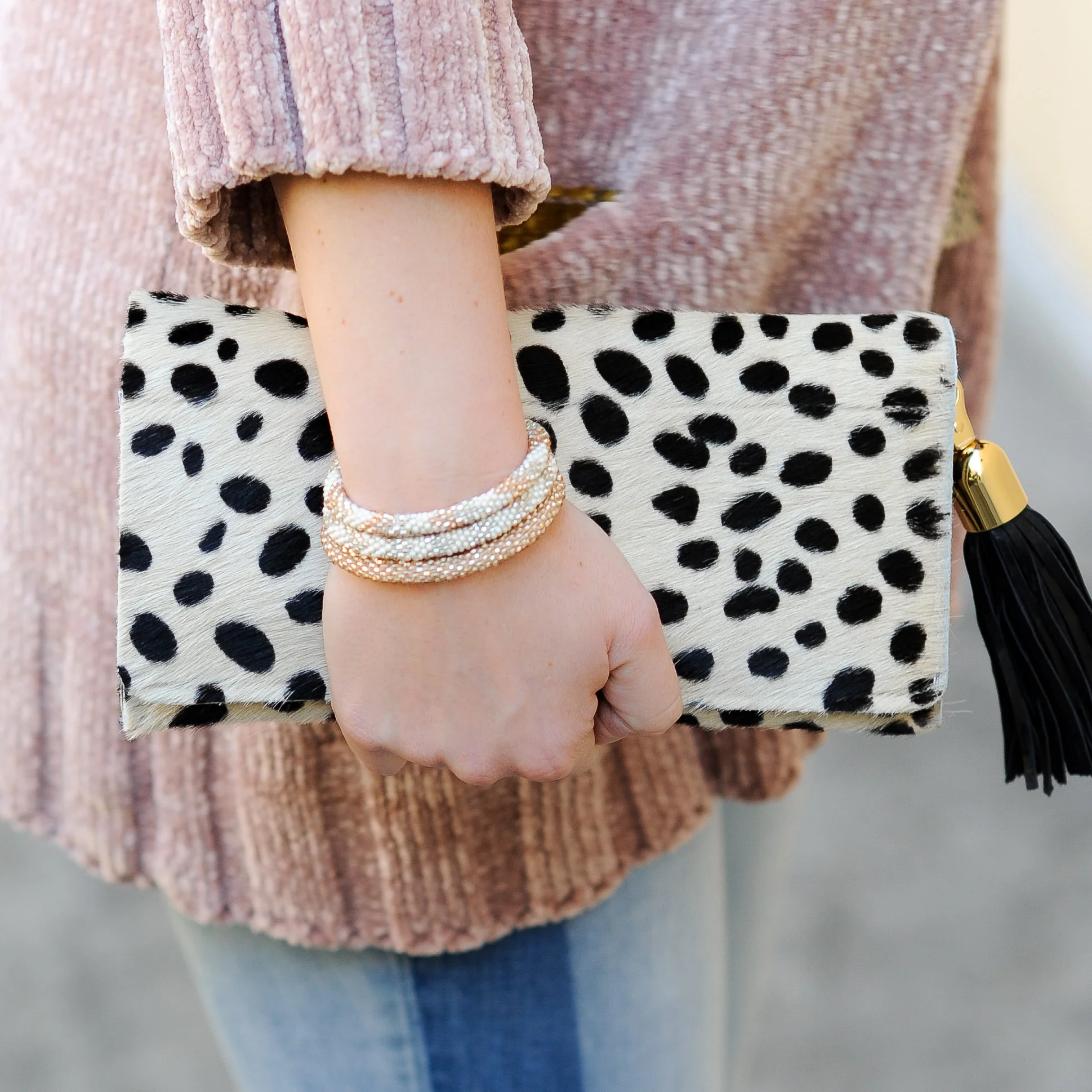 chenille cardigan | treasure & bond denim , sold out | Roll On bracelet set | clutch, similar | photos by jnelly photography