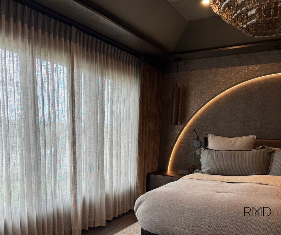 Master bedroom luxury custom draperies with blackout lining