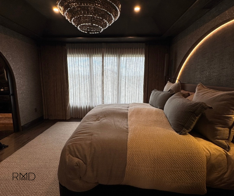 Master bedroom luxury custom draperies with blackout lining