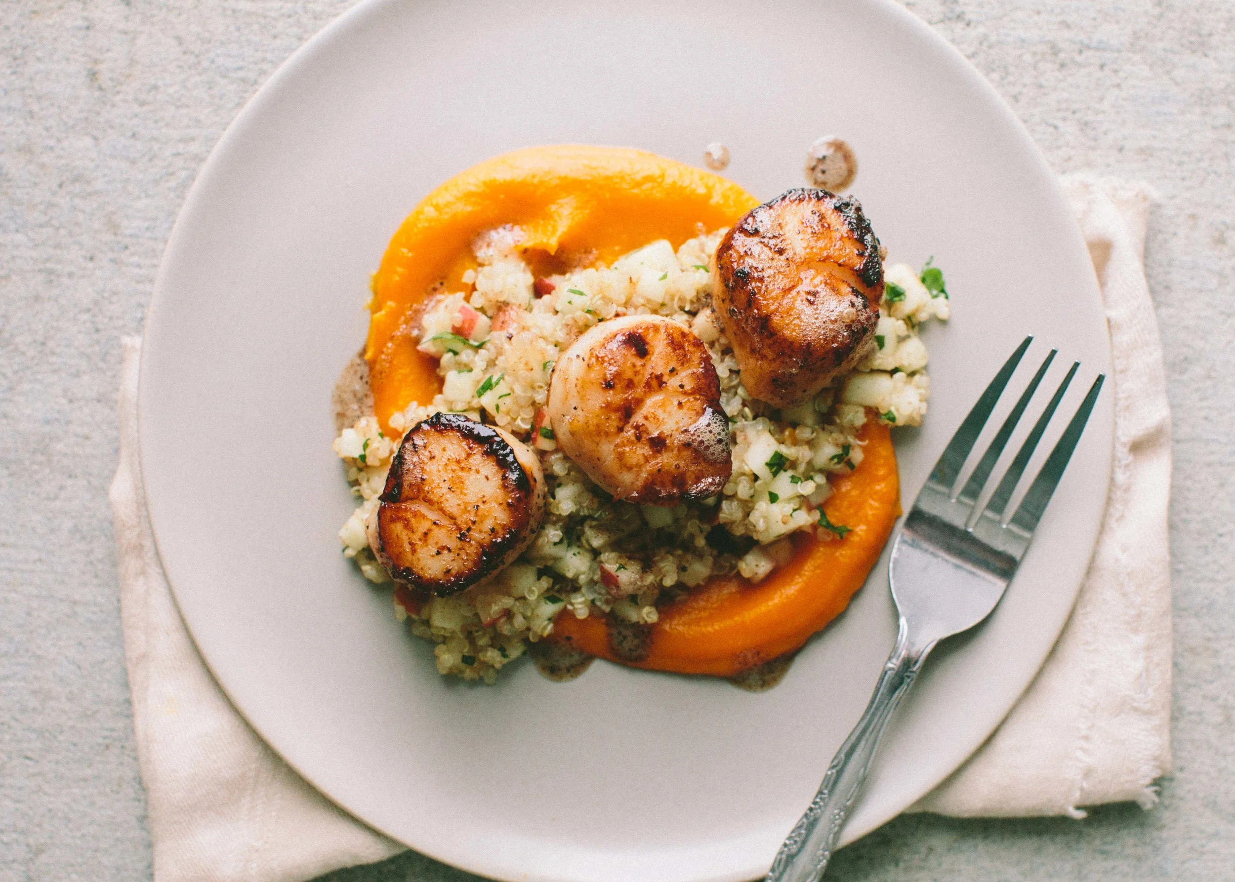 Seared Scallops with Quinoa and Apple Salad + Butternut Squash Puree