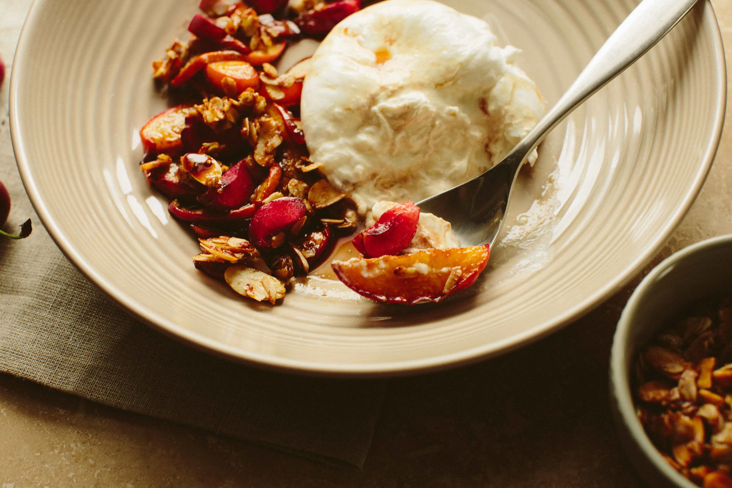 Burrata with Cherries and Balsamic Roasted Peaches | A Thought For Food