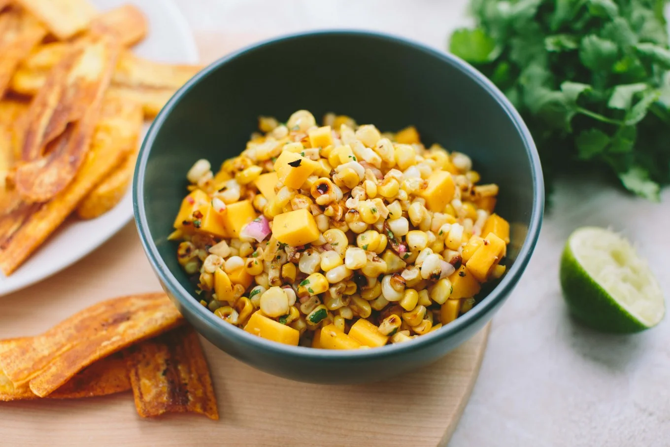 Charred Corn and Mango Salsa + Plantain Chips // A Thought For Food
