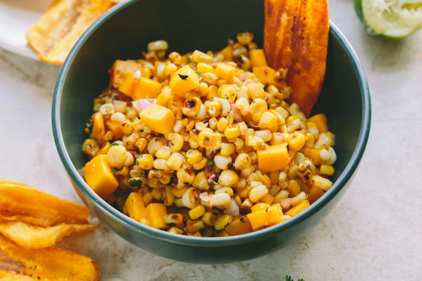 Charred Corn and Mango Salsa + Plantain Chips // A Thought For Food