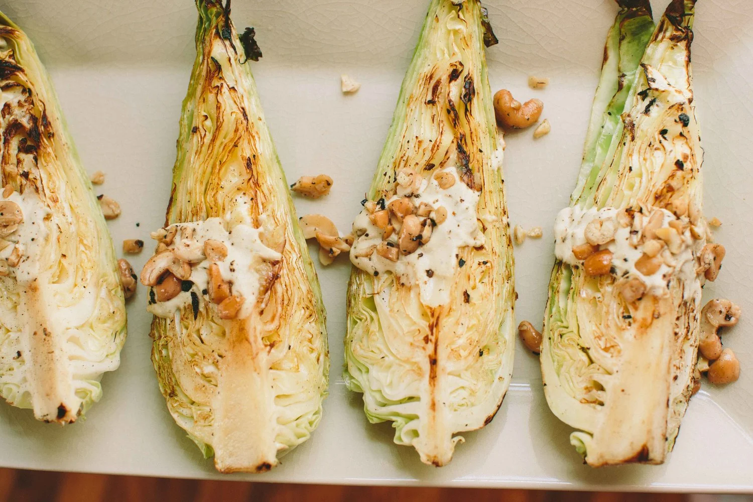 Warm Pointed Cabbage with Lemon-Garlic Cashew Dressing
