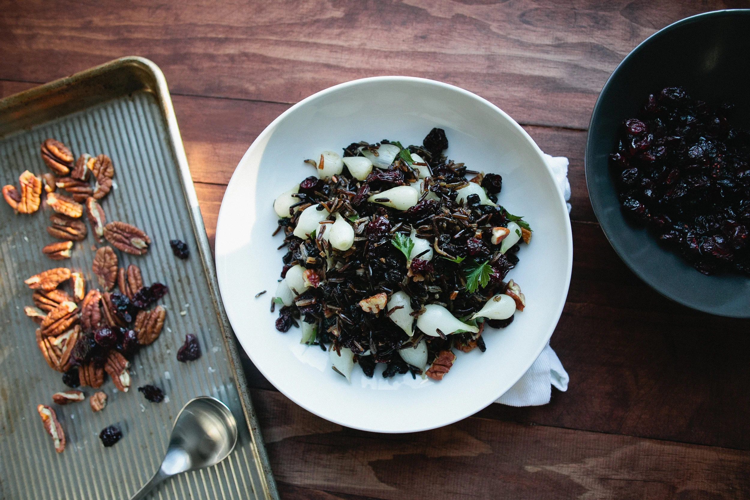 Wild Rice with Pearl Onions, Dried Fruit, + Toasted Pecans