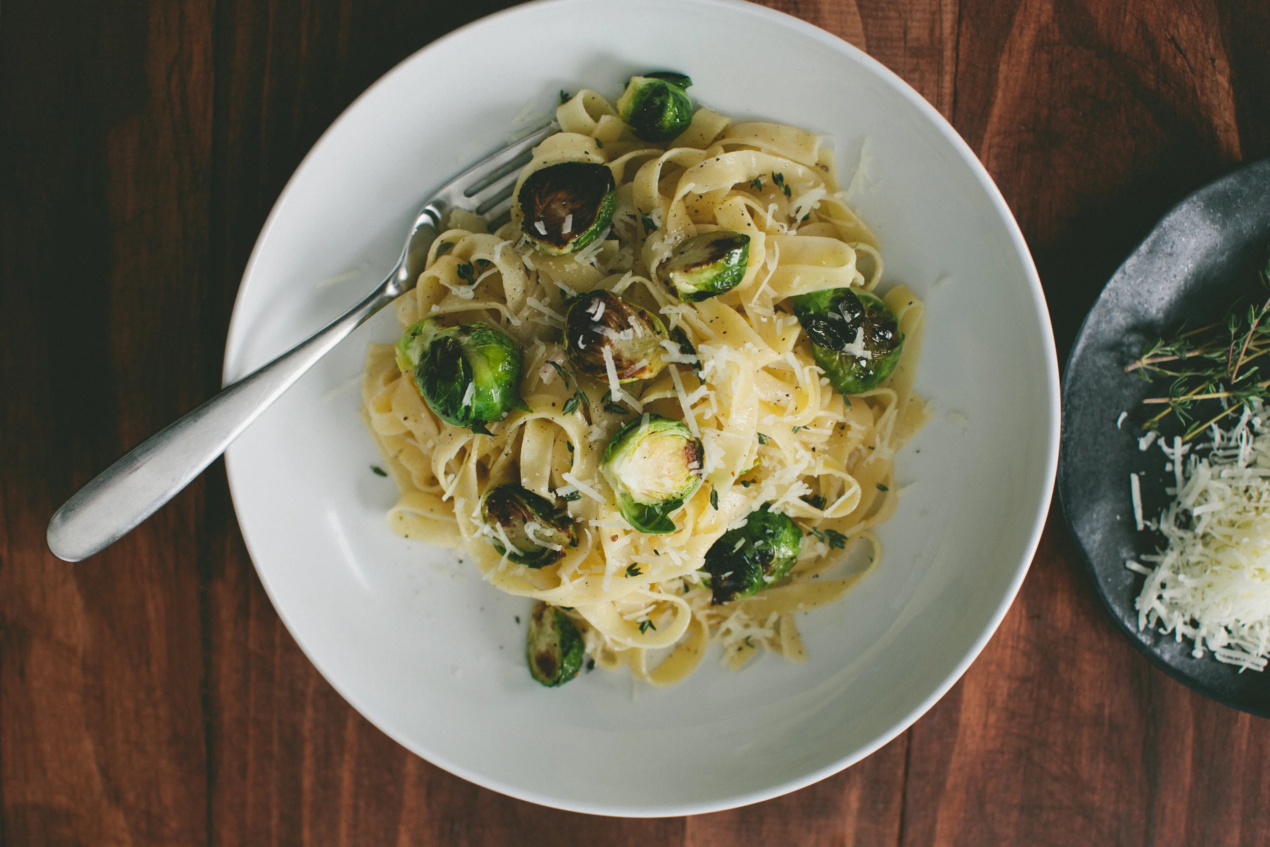 Fettuccine with Grapefruit Sauce, Brussels Sprouts + Manchego