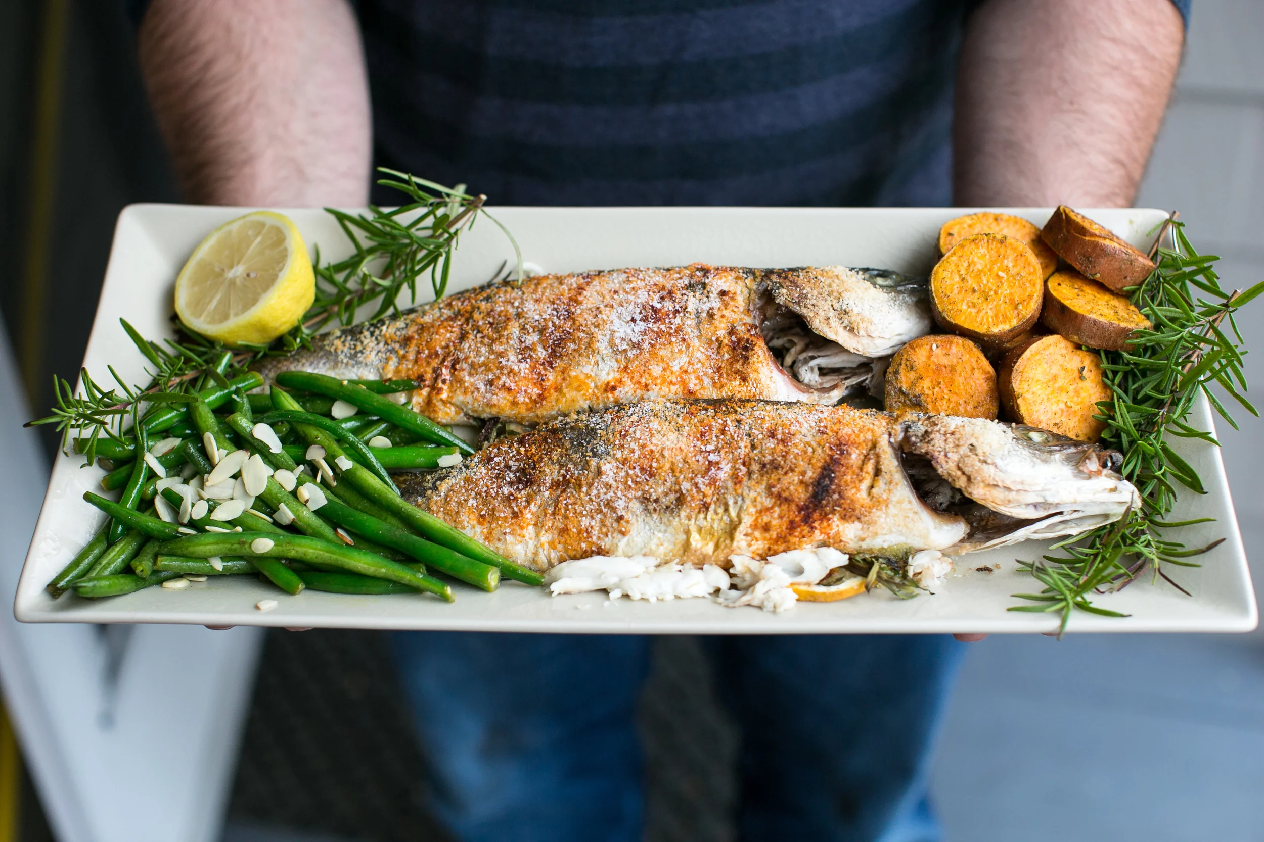 Baked Branzini with Brown Butter Green Beans + Sweet Potatoes