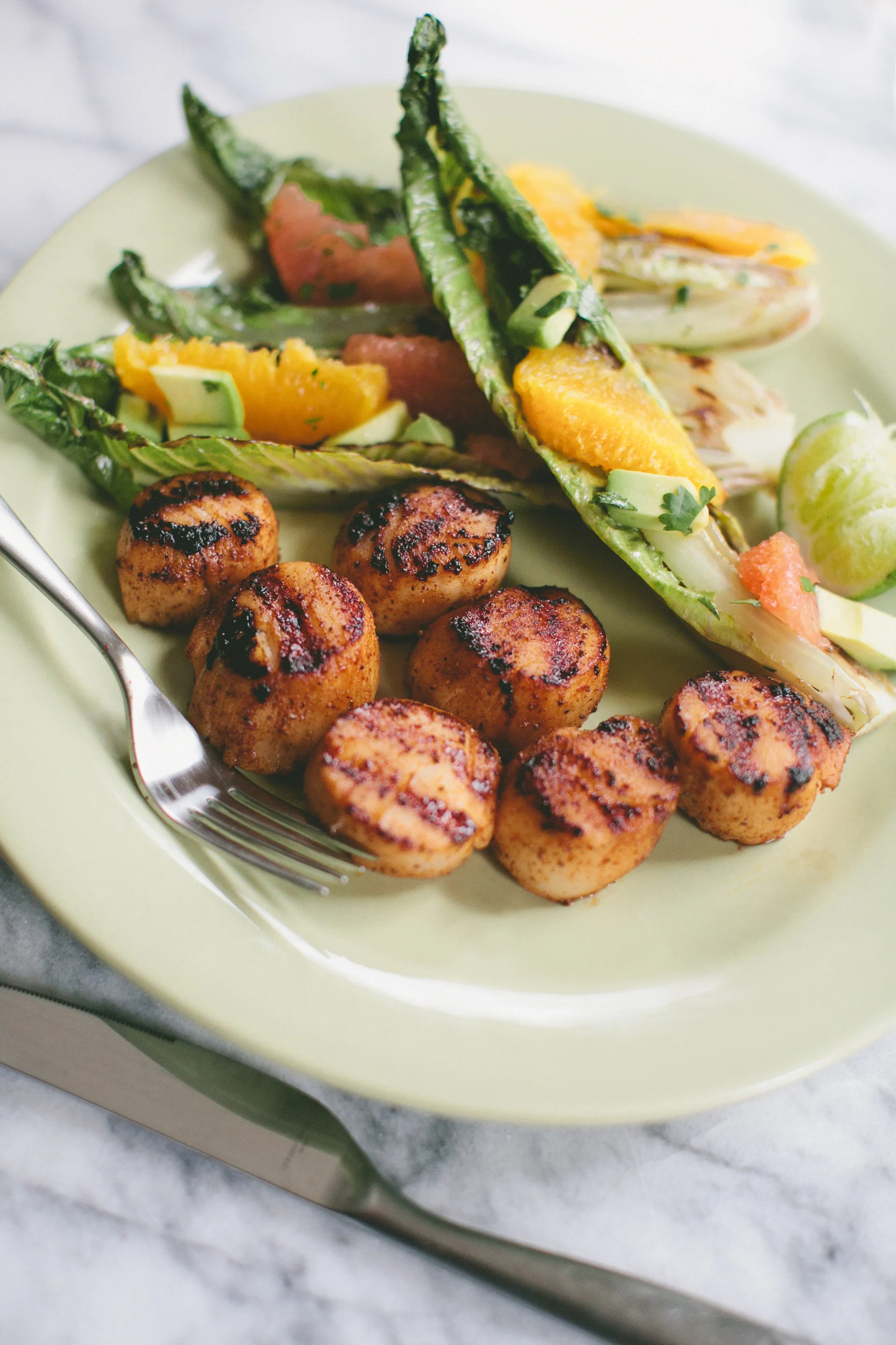Blackened Scallops with Grilled Romaine + Citrus Salad — A Thought For Food