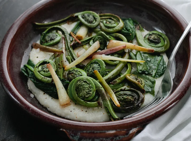 Cheese Grits with Fiddleheads and Ramps in Brown Butter — A Thought For