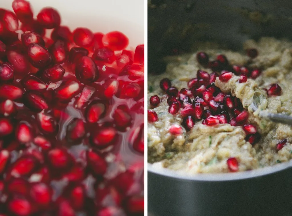 Burnt Eggplant with Lemon, Garlic and Pomegranate Seeds from A Thought For Food