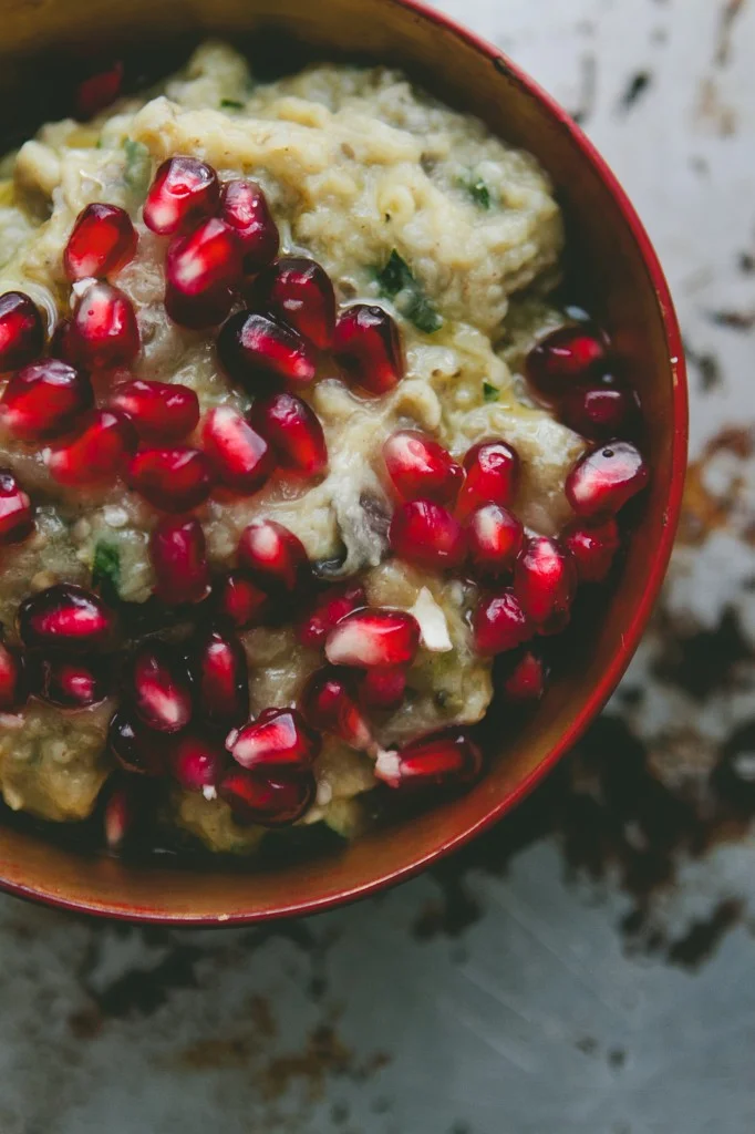 Burnt Eggplant with Lemon, Garlic and Pomegranate Seeds from A Thought For Food