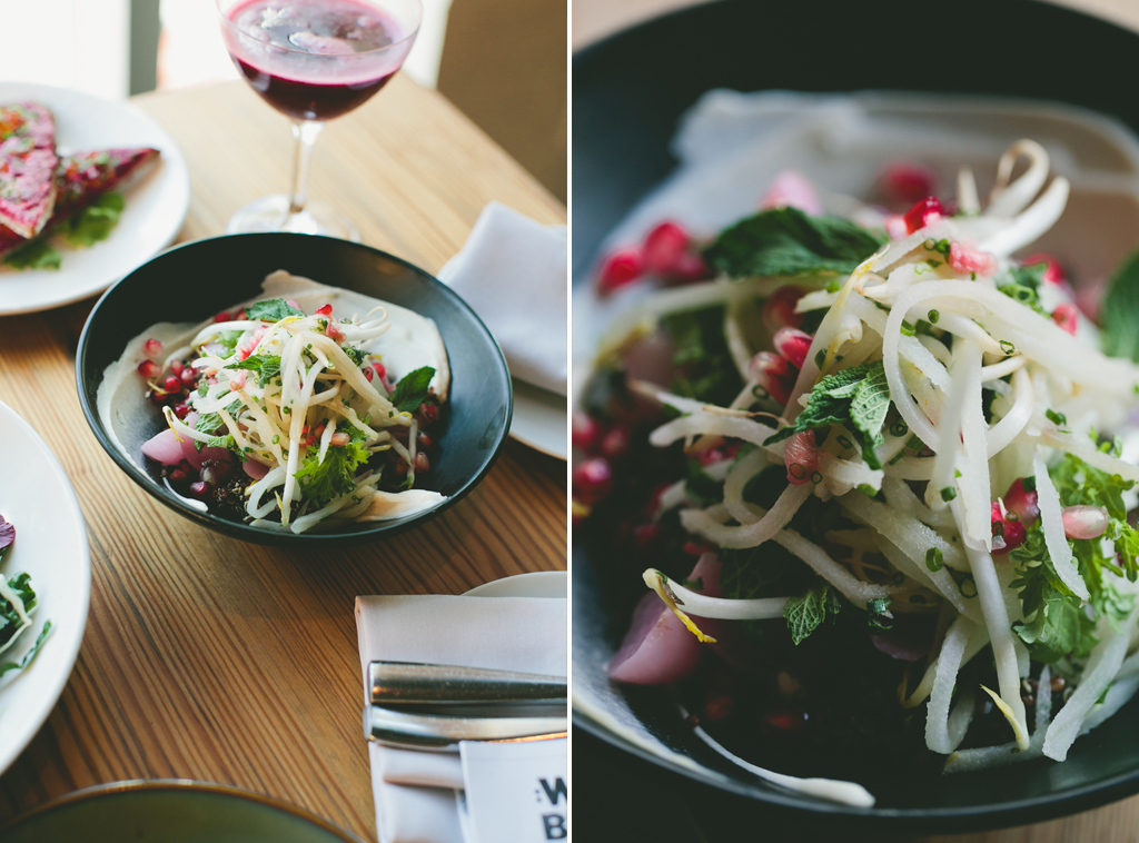 Quinoa, coconut, radish, pomegranate, and kimchi at West Bridge|| via A Thought For Food