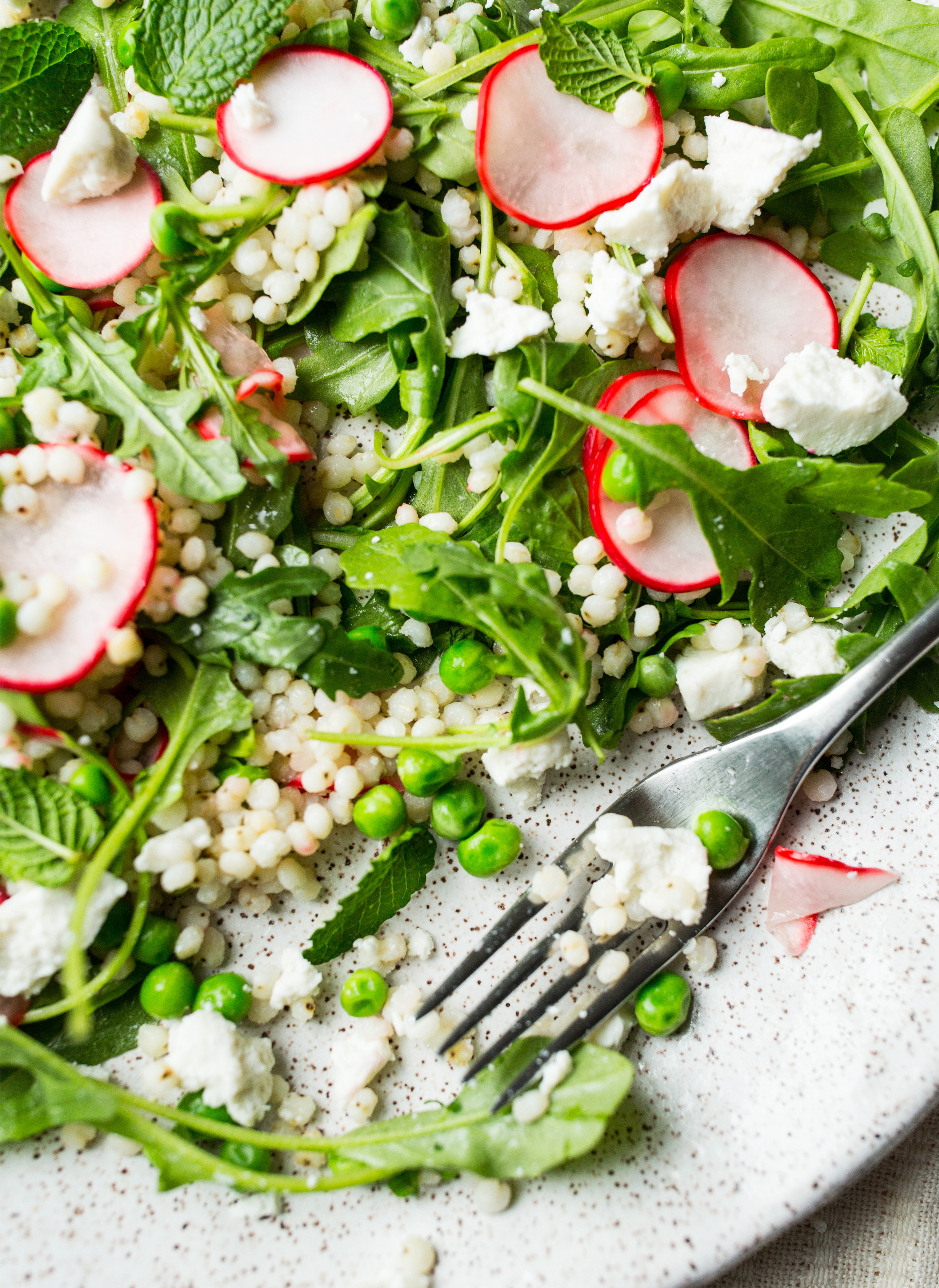 Arugula, Pickled Radish and Sorghum with Peas and Ricotta Salata — A Thought For Food