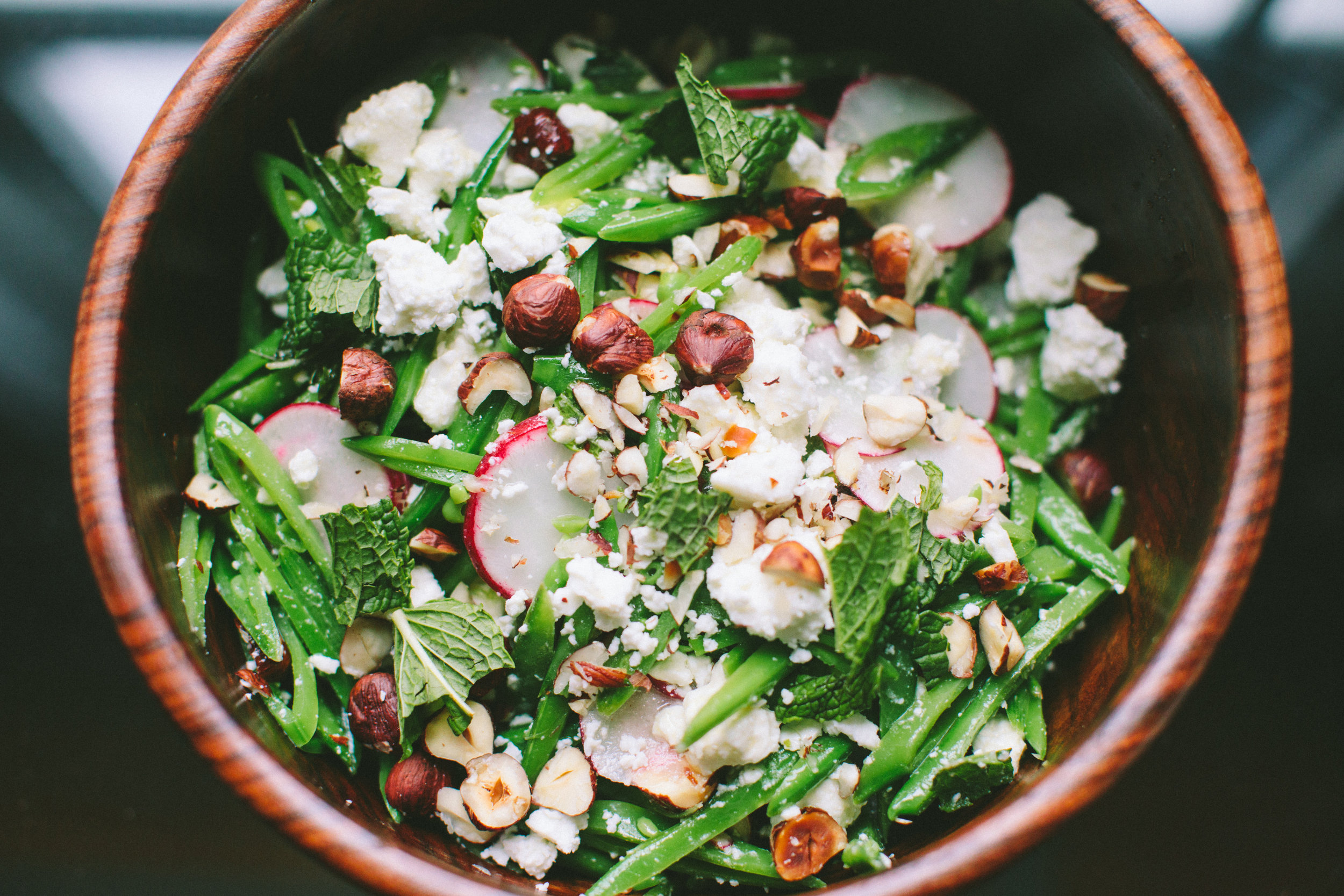 sugar snap pea salad with radishes, feta and arugula - With Spice