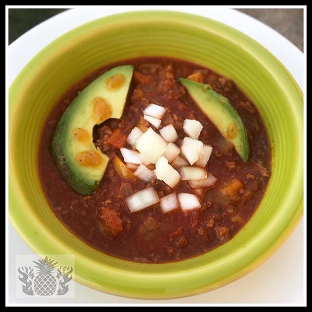 Eating Healthy with Hot Sauce. Paleo Chili. Grass Fed Beef, Butternut Squash, Spices topped with Sweet Heat Hot Sauce, Avocado and Onion. Order Hot Sauce at www.mittenmadepicklingco.com/shop-1 #michigan #hotsauce #chili #paleo  #healthyeating  #suppo