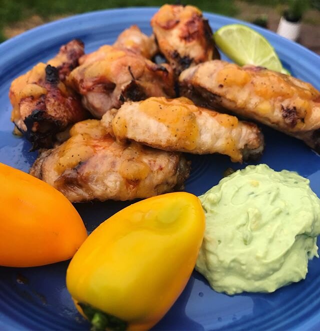 Eating Healthy with Hot Sauce. Organic Chicken Wings topped with Sweet Heat Hot Sauce, Avocado Dipping Sauce and Sweet Peppers. 🍗🥑🌶 Preorder your bottle of hot sauce (shipping in June) at www.mittenmadepicklingco.com/shop-1 #michigan #outdoors #ch