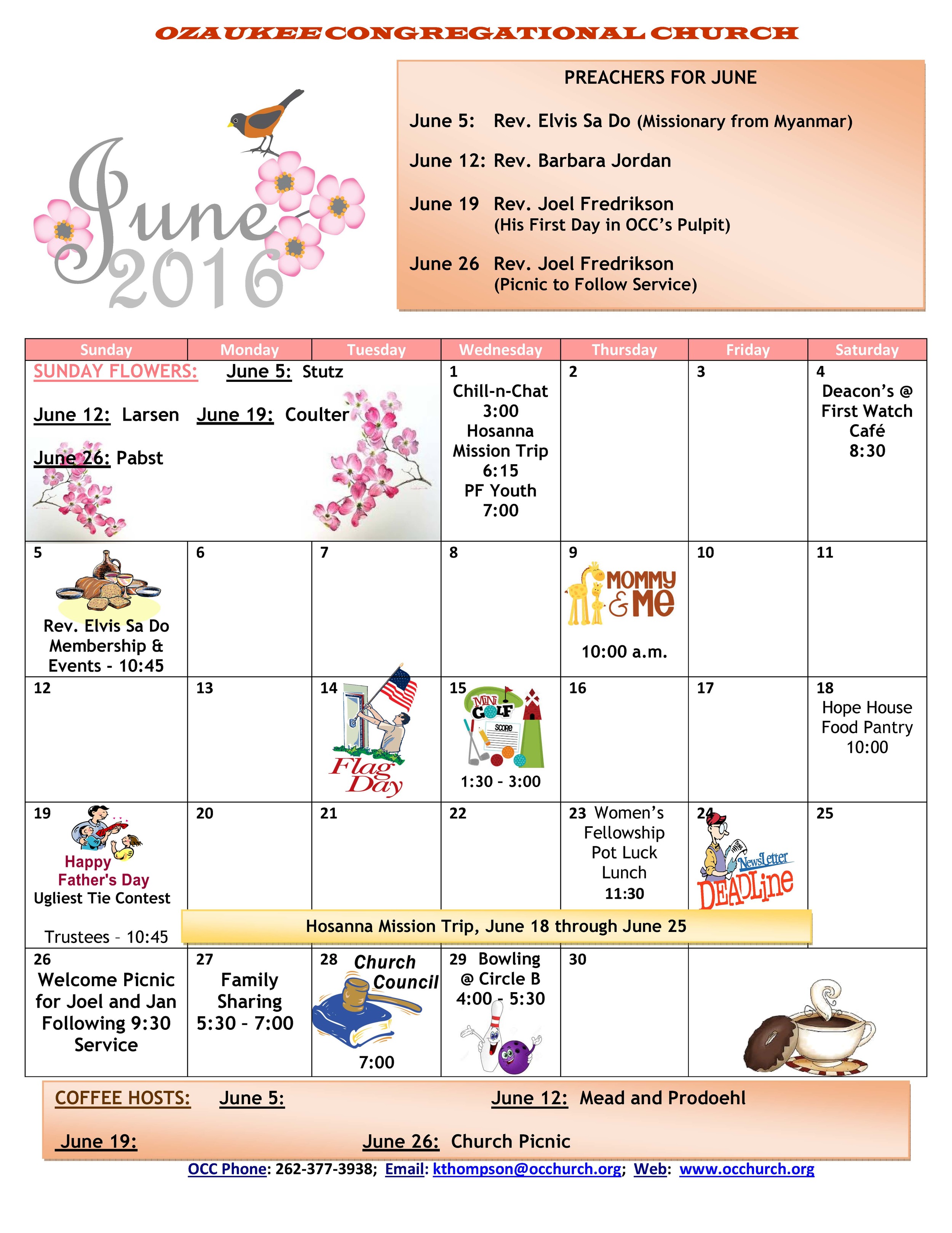 June Newsletter Calendar Ozaukee Congregational Church