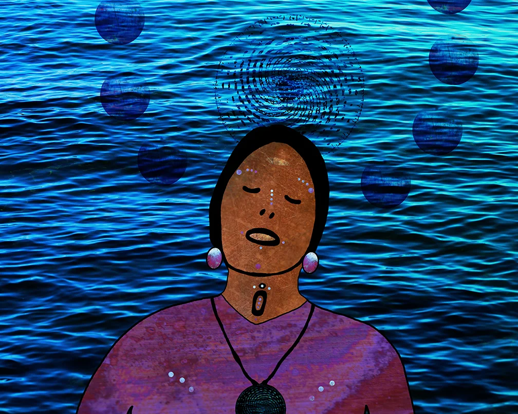 "The Water Carries Her, She Carries the Water," Elizabeth LaPensée, 2016 In the "Re-" Exhibition at Gimaajii in Duluth, Minnesota