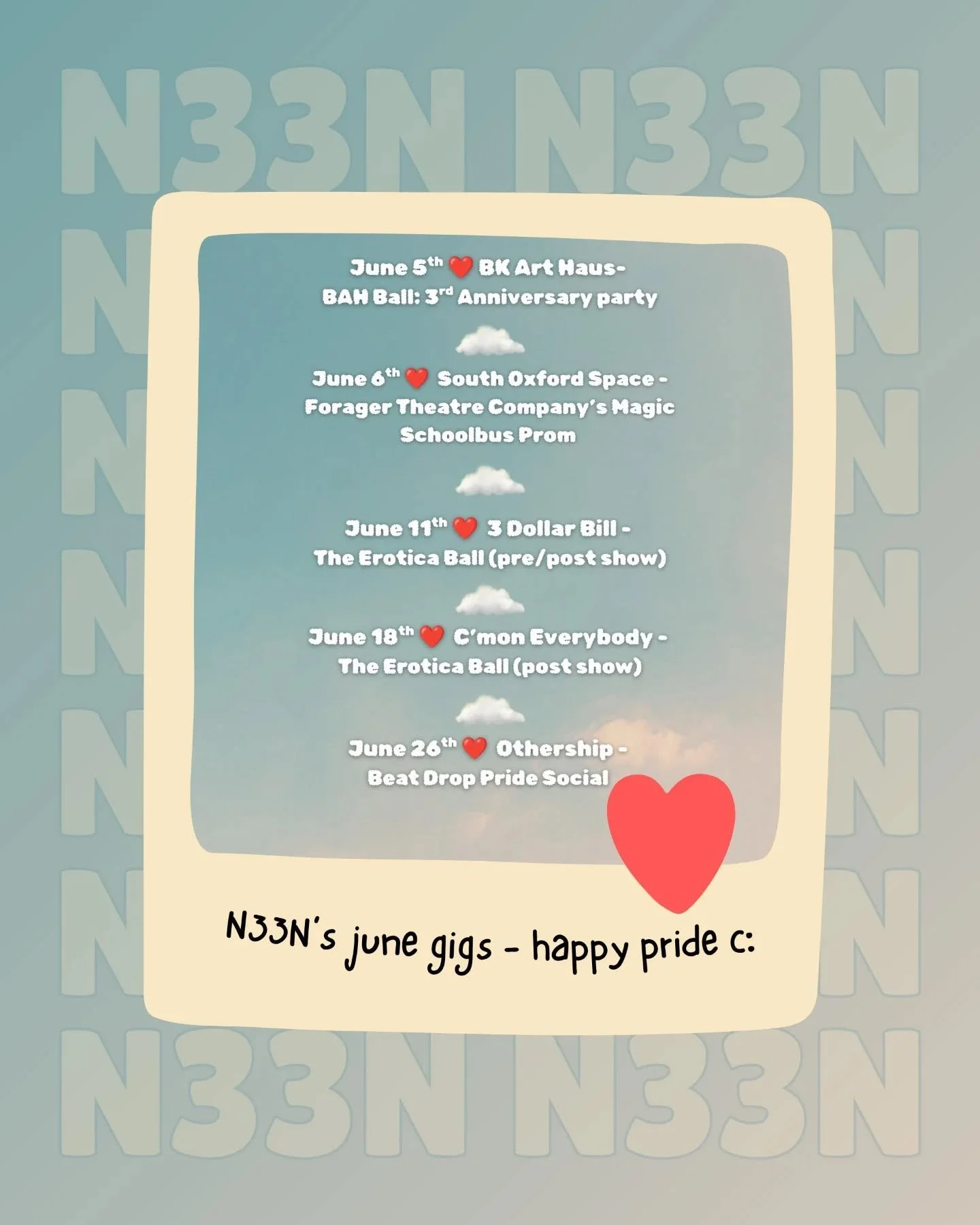 PRIDE MONTH LOADING... 🕺🏽☀️
here are the gigs I'll be DJing next month !!! can't wait to be spinning gayly in more ways than one 😛
PLUS one last big pride gig TBA 🤫🫶🏼

visit carolinamakesnoise.com/events or click the link in my bio to check out
